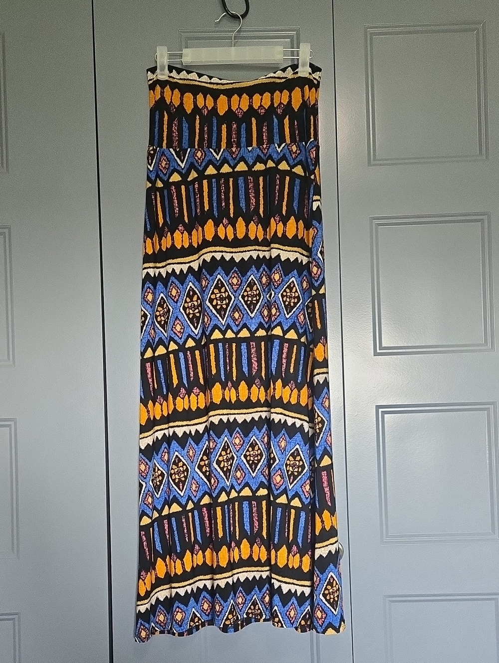 Azules Black Maxi Skirt with Blue and Yellow Geometric Print